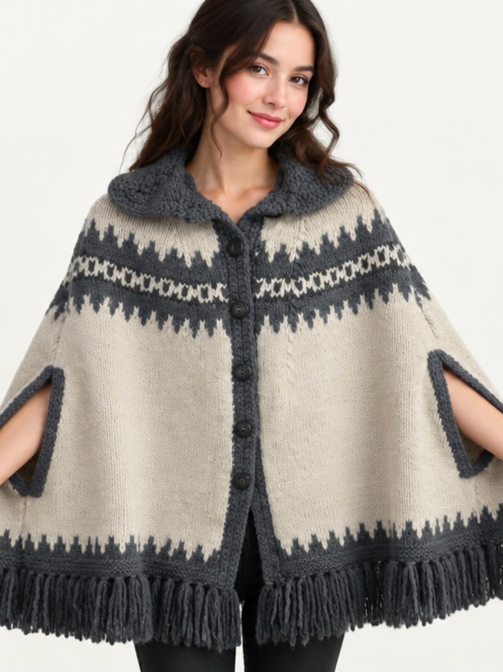 Hand Knitted Cream & Charcoal Knit Fringe Poncho Cape with Button Front